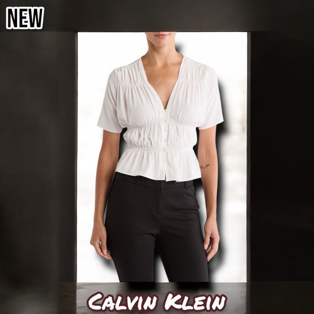 New NWT Women's Calvin Klein Ruched Button-Up Blouse Cream Color - XXS